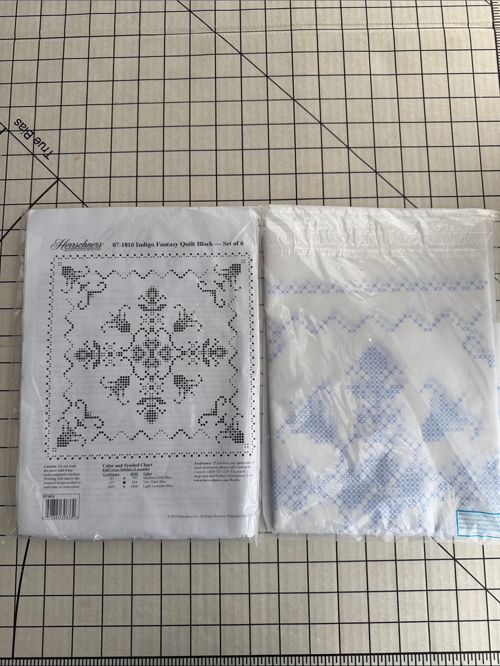Lot of 2 Herrschners Indigo Fantasy Quilt Block Set of 6 Stamped Cross Stitch